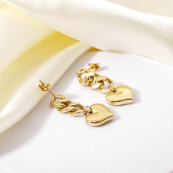 Drop Chain Heart Earrings 18K Gold Plated Stainless Steel - Picture 10 of 12